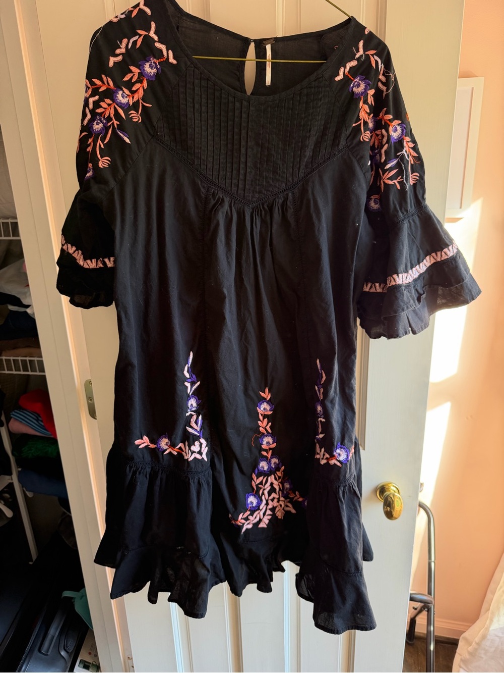 Free People Black Embroidered Floral Shift Dress